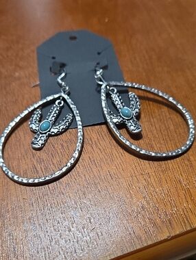 Silver Teardrop Earrings with Turquoise Accent - Women Jewelry